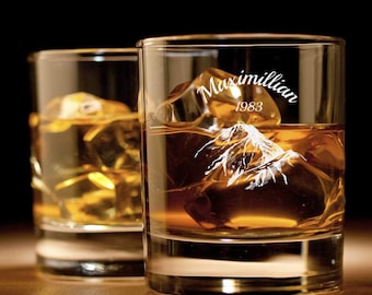 Personalisiertes Whisky Bourbon Glas | Gravur mit Namen und Jahrgang | Design: Alpen