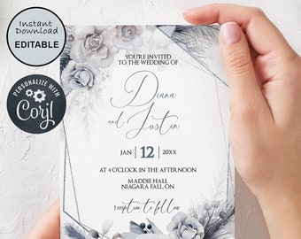 Winter Wedding Invitation, Floral Wedding Invitation Template, Silver Wedding Invitation Template, Customizable Digital Download