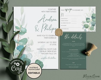 Boho Wedding Invitation Set, Minimalist Greenery Invites, Printable Wedding Invitation with RSVP and Details, Eucalyptus Inspired Invite