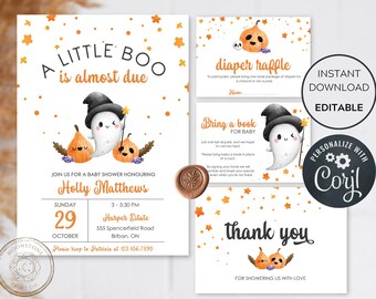 May include: A baby shower invitation set featuring a white background with orange stars, a ghost wearing a black witch hat, and orange pumpkins. The text reads A LITTLE BOO is almost due, diaper raffle, bring a book for baby, and thank you.