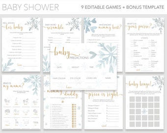 Pode incluir: Um conjunto de nove cartões de jogos para chá de bebê imprimíveis com um tema de flocos de neve de inverno em azul claro e dourado. A coleção inclui títulos como Baby Word Scramble, Who Knows Mommy Best, Baby Predictions e Baby Bingo.