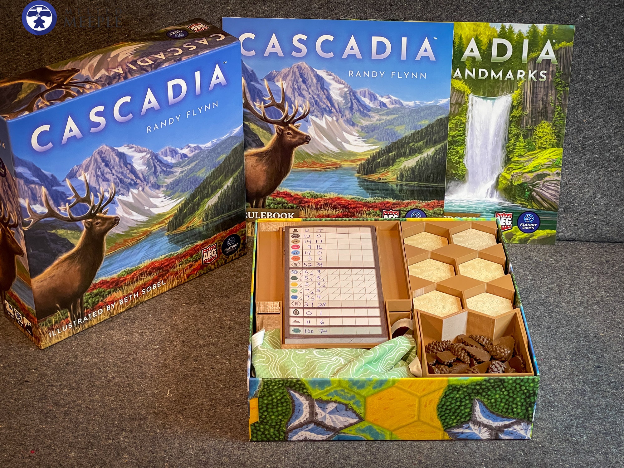 Cascadia Board Game (fits Landmarks Expansion) Organizer Insert with upgraded Nature Tokens (Game NOT Included)