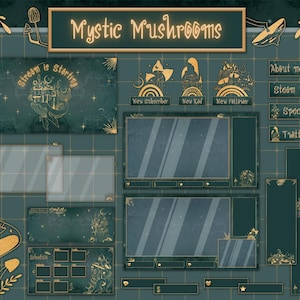 Green Emerald Mushrooms Twitch overlay package, Gold mystic stream package.
