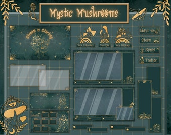 Green Emerald Mushrooms Twitch overlay package, Gold mystic stream package.