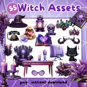 Witch Vtuber assets. Vtuber microphones, chairs, cats, spell books, candles, potions, plants, and more. Png format.