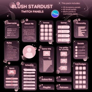 Op de afbeelding: Roze Twitch-panelen op een donkere achtergrond, met secties zoals "Gebruikersnaam", "Over mij", "Emotes" en "Games". Het pakket bevat accessoirepanelen en aanpasbare elementen voor streamers.