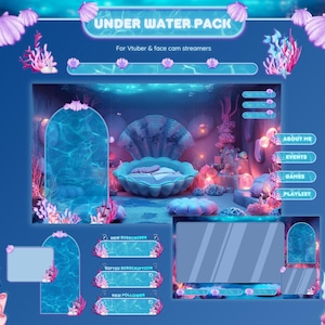 Peut inclure: Un pack de superposition numérique sur le thème sous-marin, avec une palette de couleurs bleue et violette. Le design comprend une scène centrale avec une coquille, du corail et des bulles, ainsi que divers panneaux et boutons pour le streaming. Le texte comprend "UNDER WATER PACK".