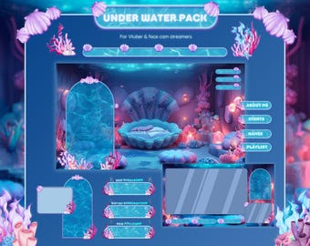 Può includere: Un pacchetto di sovrapposizione digitale a tema sottomarino, con una combinazione di colori blu e viola. Il design include una scena centrale con una conchiglia, coralli e bolle, insieme a vari pannelli e pulsanti per lo streaming. Il testo include "UNDER WATER PACK".