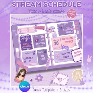 Op de afbeelding: Een paarse digitale stream-roostersjabloon met de tekst "STREAM SCHEDULE" en "Cute Purple edition". Het rooster bevat gametitels als "Animal Crossing" en "Stardew Valley". Het bevat ook een telefoon, pen en envelop.