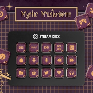 Ikoner för Mauve Stream-däcket Elgato. Ikonpaket med 200 mystiska svampar för Elgato Streamdeck. Lila magiska ikoner.