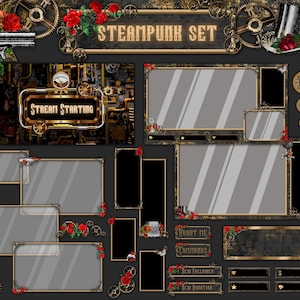 Może przedstawiać: Zestaw nakładek cyfrowych w stylu Steampunk z ciemnoszarym tłem, złotymi akcentami i czerwonymi różami. Zawiera ramki, przyciski i baner "Stream Starting". Zawiera koła zębate, cylinder i pistolet.