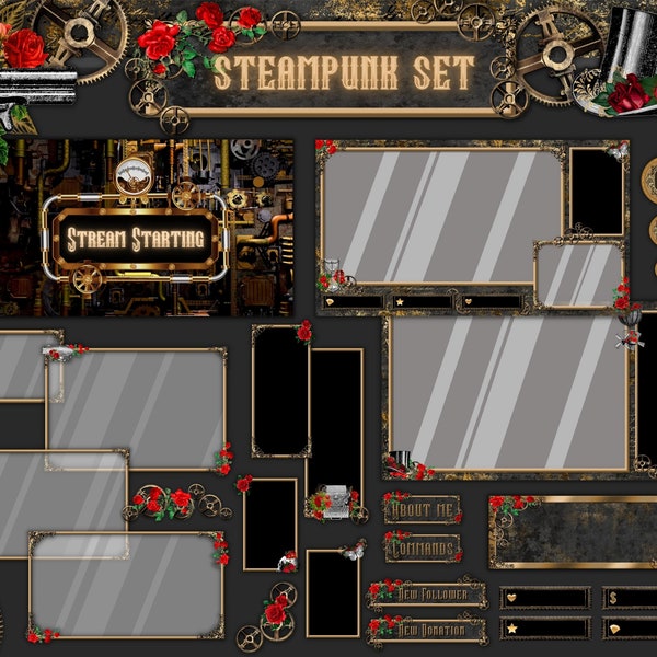 Steampunk Twitch Overlay, Vintage Twitch pack with red roses.