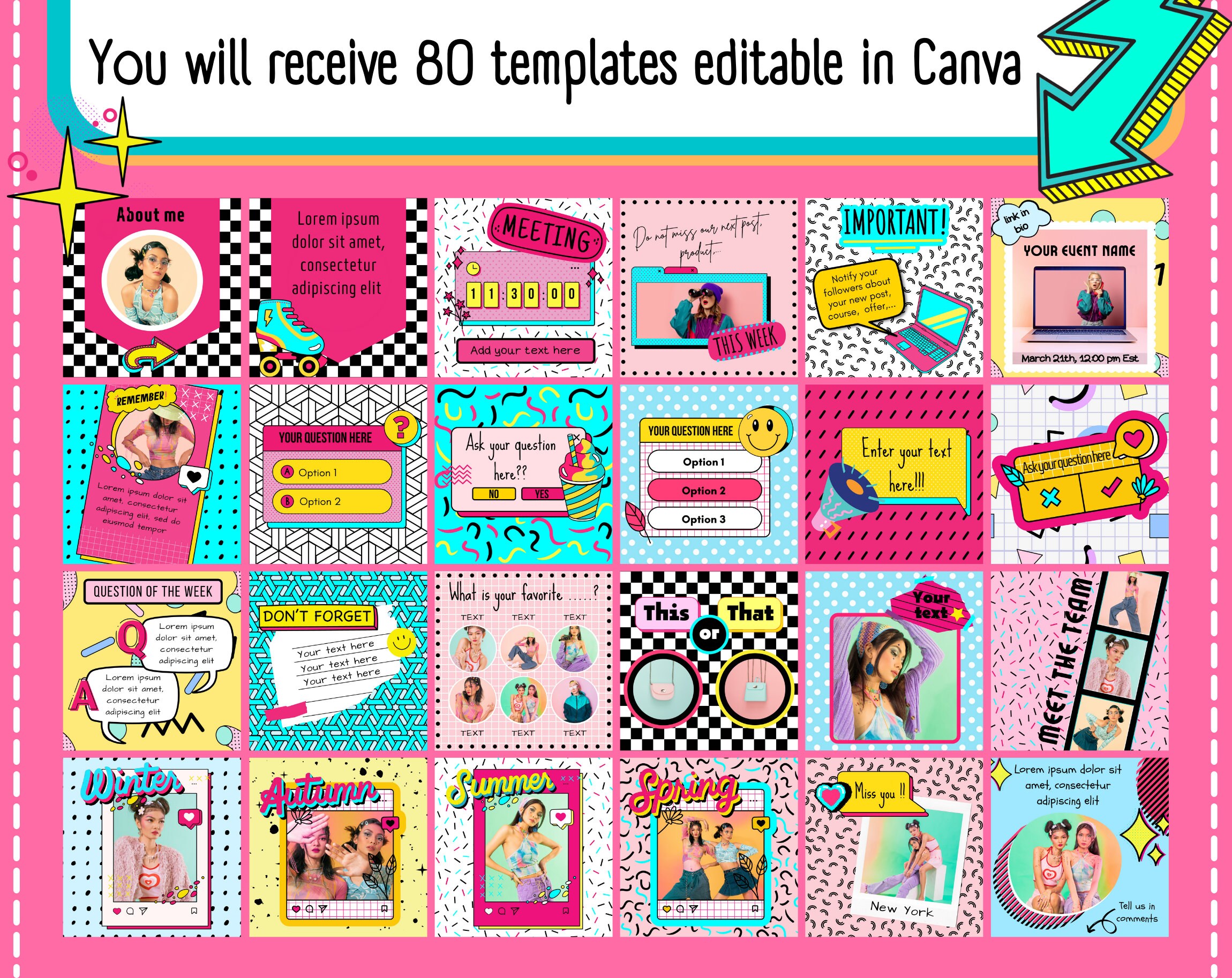 Y2K Instagram Template. Canva Template. 90s Nostalgia. Bright Blogger ...