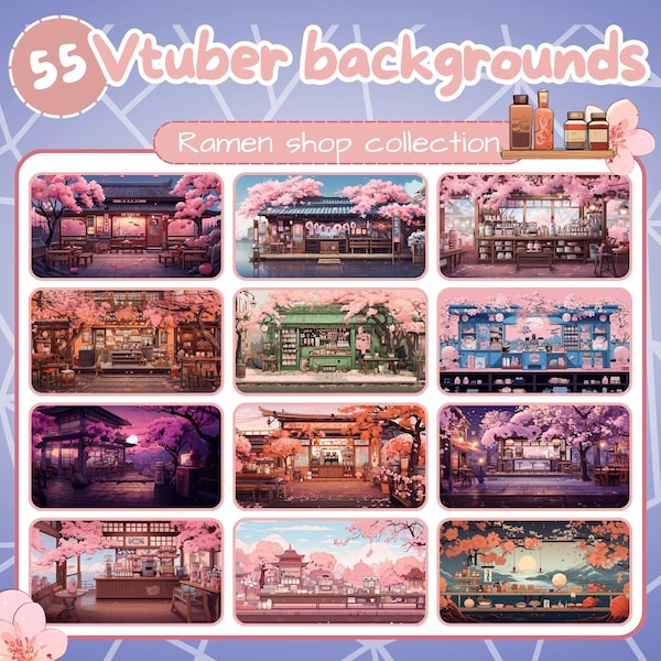 Vtuber ramen shop backgrounds bundle. 55 Sakura Twitch backgrounds, animated and static.