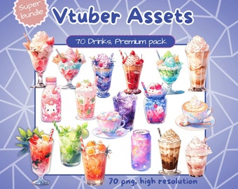 Vtuber premium drink pack. Beverage bundle: muffin shakes, cocktails, Cappuccino, icecreams, boba and more. 70 png Vtuber assets for Twitch.