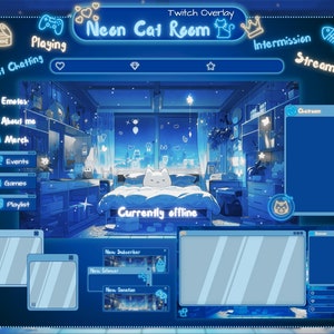 Blue Cat Bedroom Twitch overlay package. Neon cat stream package. Vtuber overlay for obs.