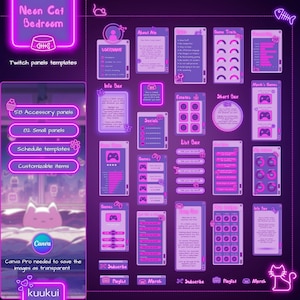 May include: A set of customisable Twitch panel templates with a neon cat bedroom theme. The panels are in a purple and pink colour scheme and feature various icons and text, including "About Me", "Game Traits", "Info Box", "Socials", "Emotes", "Short Box", "List Box", "Games", "Subscribe", "Playlist", and "Merch".
