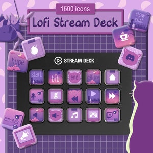 May include: Purple and white themed Stream Deck with 1600 icons. The buttons have various icons including a microphone, a play button, a rewind button, a cat, a heart, a cup of coffee, a bomb, a house, a cloud, a music note, a game controller, and a Twitch logo. The text "Lofi Stream Deck" is at the top of the image.