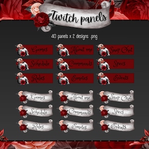 Red Gothic Twitch panels | Skull Stream panels | Red roses Twitch panels | Papyrus panels for Twitch. 40 panels x 2 designs = 80