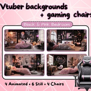 Vtuber pink bedroom backgrounds + gaming chairs. 4 Twitch animated backgrounds. Vtuber assets.