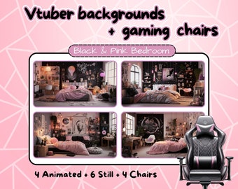 Fondos de dormitorio rosa de Vtuber + sillas gaming. 4 fondos animados de Twitch. Activos de Vtuber.