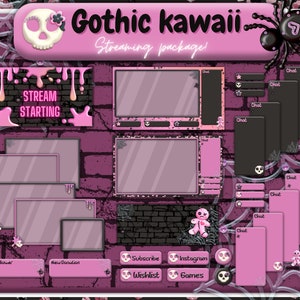 Kawaii Goth Twitch Overlay, Halloween Twitch overlay. Pink gothic stream overlay.