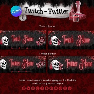 May include: A black and red digital banner template with a skull and crossbones design. The text "Twitch Name" is displayed on the banner. The banner is designed for use on social media platforms like Twitch and Twitter.
