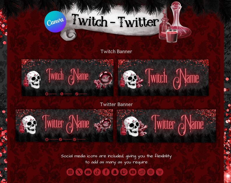 May include: A black and red digital banner template with a skull and crossbones design. The text "Twitch Name" is displayed on the banner. The banner is designed for use on social media platforms like Twitch and Twitter.