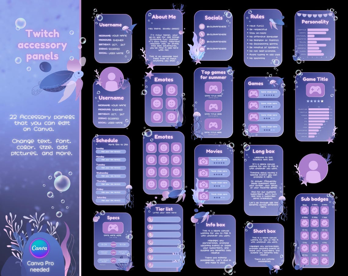 Ocean Block Panel Ocean Twitch Panels for Canva – Underwater Cute Info Panels Pack for ...