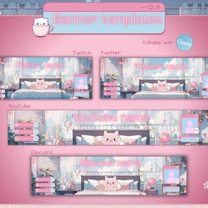 Banner de Twitter y Twitch con diseño de gato pastel. Banner de transmisión personalizado. Habitación de gato en azul y rosa. Plantilla de Canva editable para Youtube y Discord.