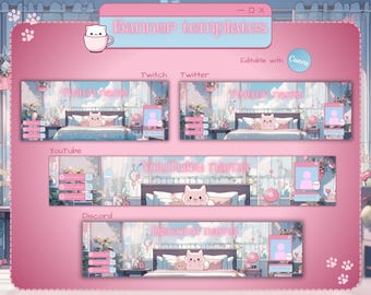 Pastel Cat Twitter and Twitch banner. Personalized stream banner, Cat bedroom blue and pink. Youtube and Discord editable Canva template.