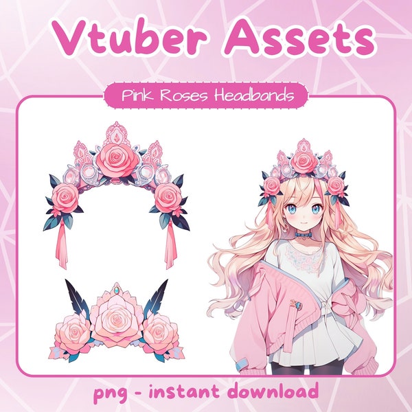 Vtuber pink roses headbands. Pngtuber assets for Twitch. Vtuber lofi outfit items.