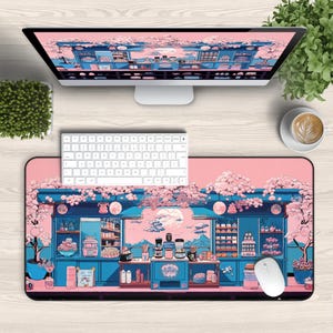 Sakura Desk Mat – Kawaii Ramen Shop Mouse Pad with Cherry Blossoms | Cozy Anime Gaming Mat | Pink Aesthetic Desk Mat RGB or Stitched