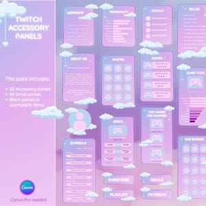 Info over pastelkleurige wolktrillingspanelen. Celestial Twitch-panelen bio. Leuke schuifregelaar voor stroompanelen. Set roze gezellige twitch-infopanelen. Canva-sjabloon.
