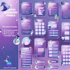 Può includere: Un pacchetto di arte digitale con pannelli accessori a tema strega per streamer di Twitch. I pannelli sono in tonalità viola e rosa, con illustrazioni di un cappello da strega, bottiglie di pozioni e un libro degli incantesimi. Include pannelli per nome utente, social e altro.