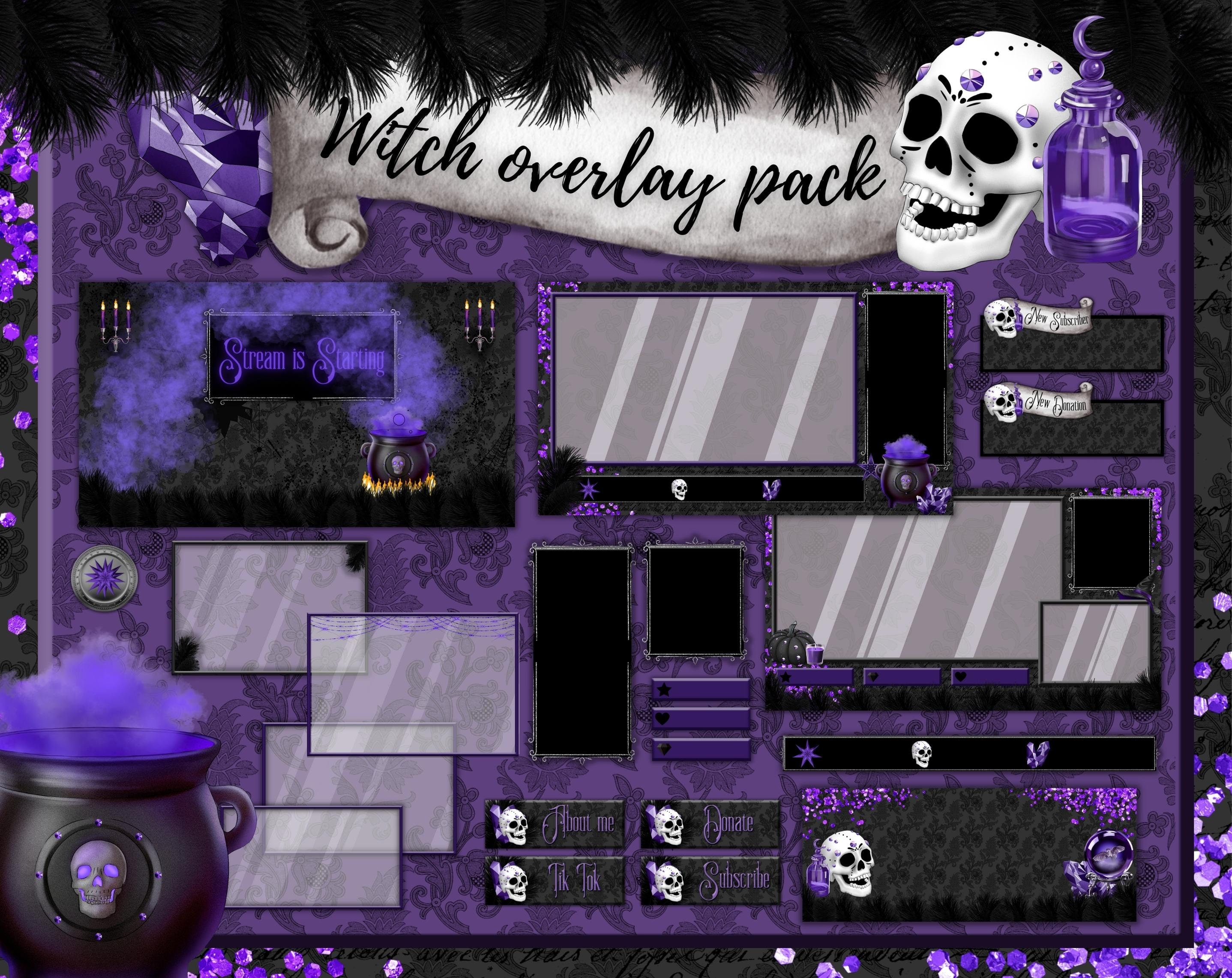 Purple Witch Twitch overlay pack. Goth stream overlay decorated with skulls.