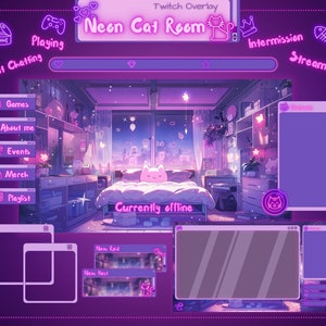 ネオンキャットベッドルーム Twitch オーバーレイ パッケージ。パープルキャット ストリーム パッケージ。Vtuber オーバーレイ。