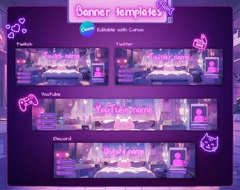 Neon Cat Twitter and Twitch banner. Personalized stream banner, Cat bedroom purple and pink. Youtube and Discord editable Canva template.
