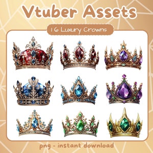 Peut inclure: Ensemble de 16 illustrations numériques de couronnes. Les couronnes sont dorées et ornées de pierres précieuses de différentes couleurs. Les pierres précieuses sont rouges, bleues, violettes et vertes. Les couronnes sont disposées en grille. Le texte "16 Luxury Crowns" est en haut de l'image. Le texte "png - instant download" est en bas de l'image.