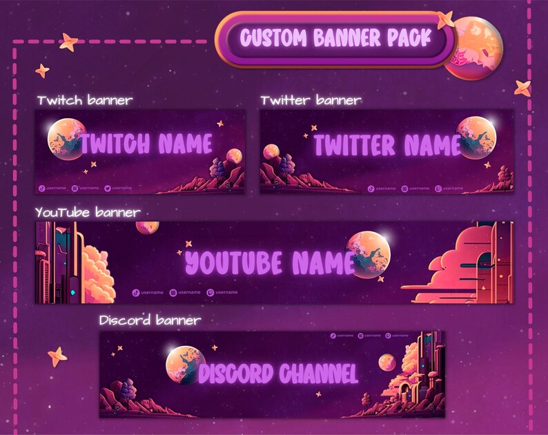 Custom Twitch Banner Purple. Youtube Banner. Twitter Banner. Social