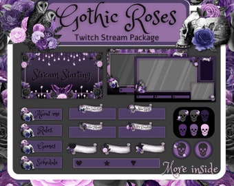 Purple Goth Twitch overlay pack, Horror stream overlay, Gothic stream package. Halloween Twitch overlay.