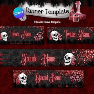 Gothic Skull Twitch and Twitter banner. Vampire custom Twitch profile banner editable on Canva. Youtube and Discord banner Canva template.
