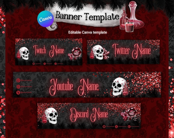 Gothic Skull Twitch and Twitter banner. Vampire custom Twitch profile banner editable on Canva. Youtube and Discord banner Canva template.
