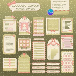 Op de afbeelding: Een verzameling Twitch-panelen met een coquette-tuinthema. De panelen zijn in groen, roze en wit, met strikken, rozen en decoratieve randen. Tekst bevat "Username", "Games", "About Me", "Rules" en "Schedule".