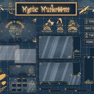 Mystic Mushrooms Twitch overlay package, Gold mushrooms stream package.