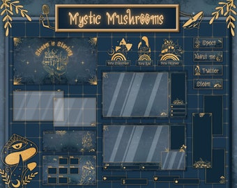Mystic Mushrooms Twitch overlay package, Gold mushrooms stream package.