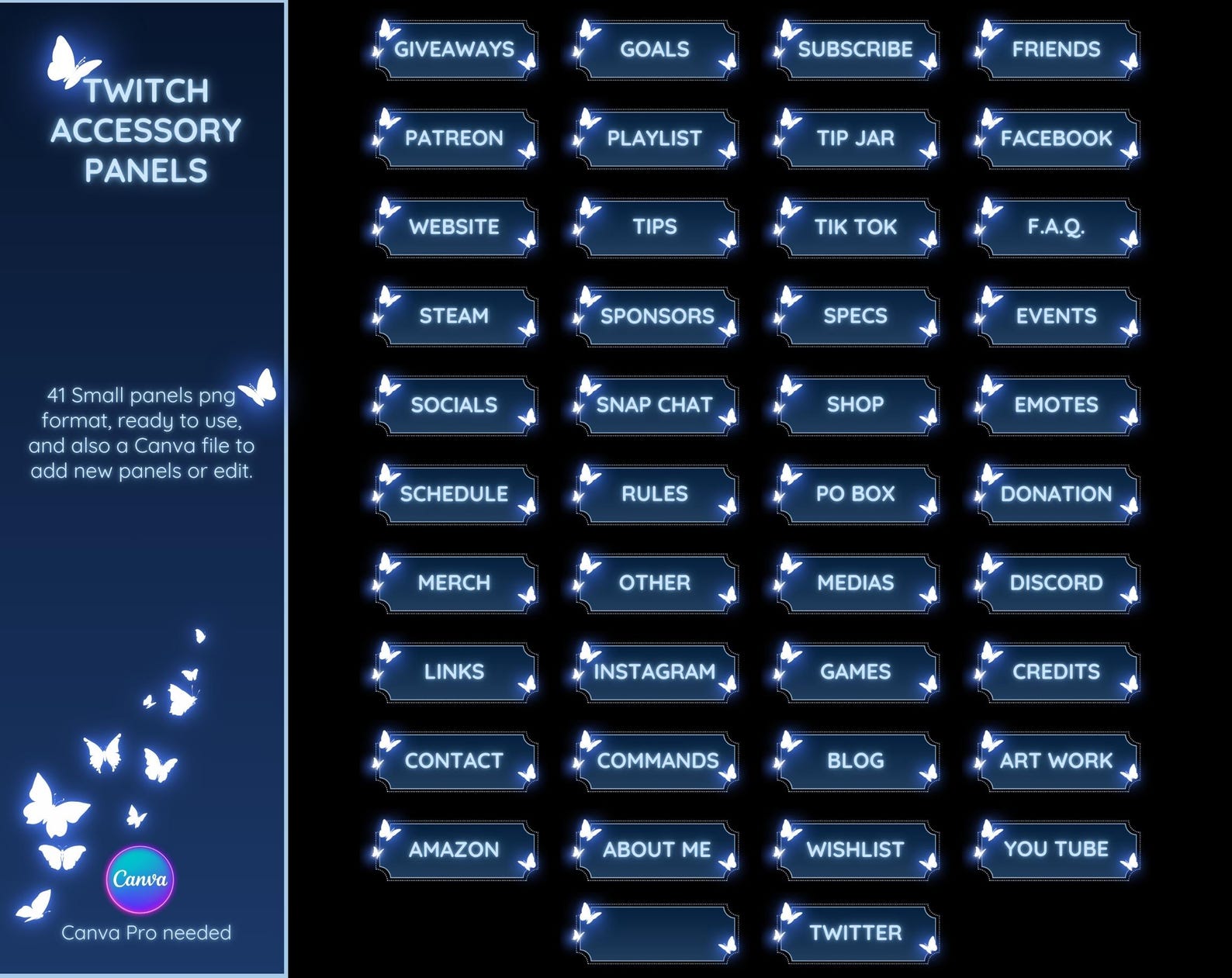 Twitch Panels Bio. Blue Twitch Panels Canva Template. Butterfly Stream ...
