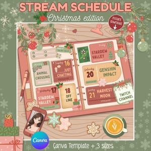 Peut inclure: Un modèle numérique d'emploi du temps de diffusion sur le thème de Noël, avec un code couleur rose et vert. L'emploi du temps comprend des jeux comme "Animal Crossing" et "Stardew Valley". Le design présente des éléments festifs, un téléphone avec un personnage, des biscuits et une tasse de café.
