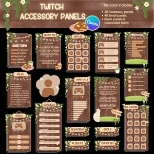 Peut inclure: Un produit numérique présentant des panneaux d'accessoires Twitch sur le thème du bois. Les panneaux comprennent des sections pour les informations de l'utilisateur, les règles, les émoticônes, les jeux, etc. Le design intègre des accents floraux et des guirlandes lumineuses.