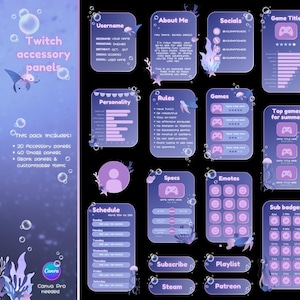 May include: A digital art pack featuring Twitch accessory panels with a marine theme. The panels are in shades of blue and purple, with bubble and aquatic life illustrations. Includes panels for username, about me, socials, and more. The text "Twitch accessory panels" is visible.